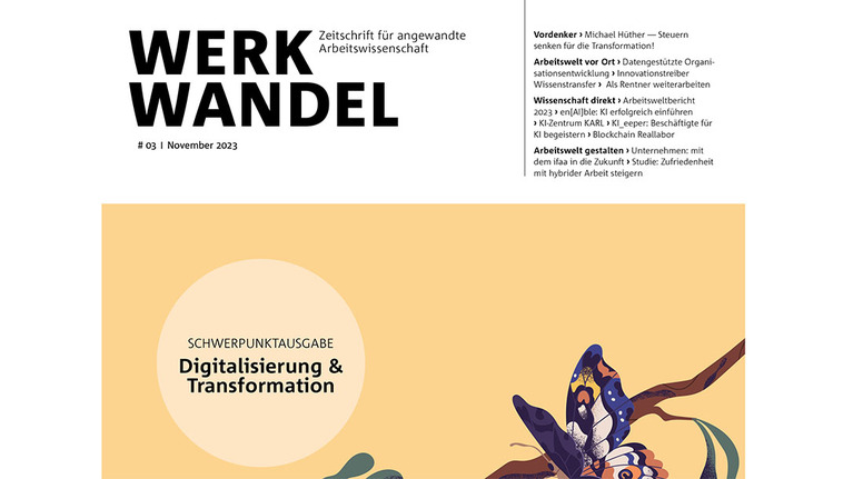 Titelseite der Zeitschrift Werkwandel mit verschiedenen Artikelüberschriften und einer aufsteigenden Rakete in der Mitte 