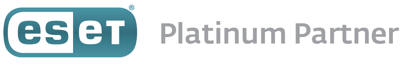 ESET-Logo in einer türkis-weißen Kapselform und rechts daneben den Text "Platinum Partner" in grauer Schrift