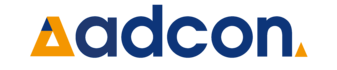 Logo des adcon Unternehmens, bestehend aus einem dunkelblauen Schriftzug und einem orangefarbenen Dreiecks 