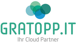 Das GRATOPP.IT-Logo zeigt vier sich überlappende türkise und grüne Kreise über dem türkisfarbenen Schriftzug und dem grauen Slogan "Ihr Cloud Partner"