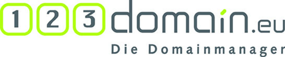 Logo mit dem Schriftzug "1 2 3domain.eu", die Ziffern 1,2,3 sind jeweils in einem quadratischen, neongrünen Rahmen 
