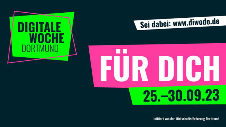 auf schwarzem Hintergrund bewirbt ein Banner die "DIGITALE WOCHE" (links in neon-grün) mit dem Slogan "FÜR DICH" (in pink in der Mitte) und dem Datum "25-30.09.23" (unten in neongrün) 