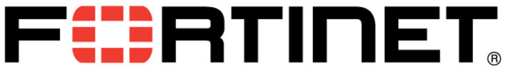 Logo von FORTINET, zeigt einen schwarzen Schriftzug, wobei der Buchstabe "O" durch ein rot-weißes, gitterartiges Symbol ersetzt ist 