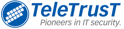 Das TeleTrusT-Logo zeigt ein blaues, kreisförmiges Icon mit einem Gittermuster links, gefolgt vom blauen Schriftzug "TeleTrusT" und dem grauen Slogan "Pioneers in IT security" darunter