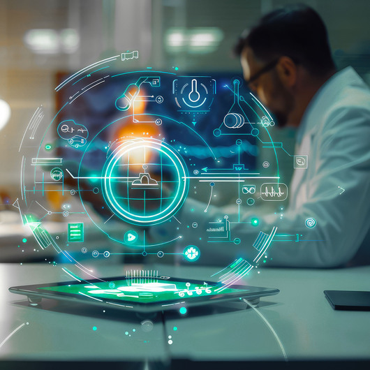 Arzt arbeitet mit einem Tablet an der Krankenakte des Patienten