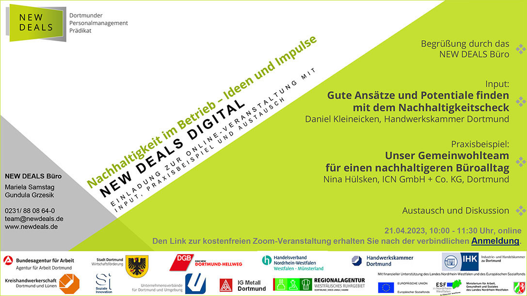 Programmpunkte einer Veranstaltung zum Thema Nachhaltigkeit, darunter eine Begrüßung, ein Vortrag der Handwerkskammer Dortmund und ein Praxisbeispiel der ICN GmbH