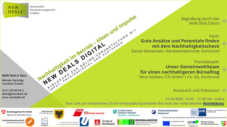 Programmpunkte einer Veranstaltung zum Thema Nachhaltigkeit, darunter eine Begrüßung, ein Vortrag der Handwerkskammer Dortmund und ein Praxisbeispiel der ICN GmbH